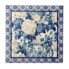 Chic blommigt vas Blue chinoiserie toile monogram Kakelplatta