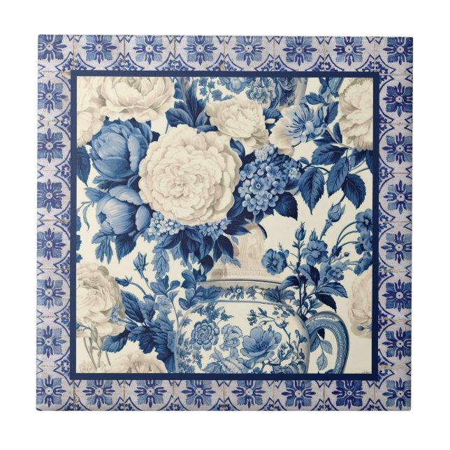 Chic blommigt vas Blue chinoiserie toile monogram Kakelplatta (Framsidan)