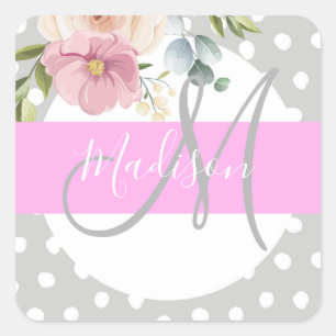 Chic & Blommigt Vit Rosa Grått Monogram Namn Fyrkantigt Klistermärke