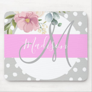 Chic & Blommigt Vit Rosa Grått Monogram Namn Musmatta