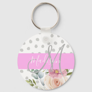 Chic & Blommigt Vit Rosa Grått Monogram Namn Nyckelring