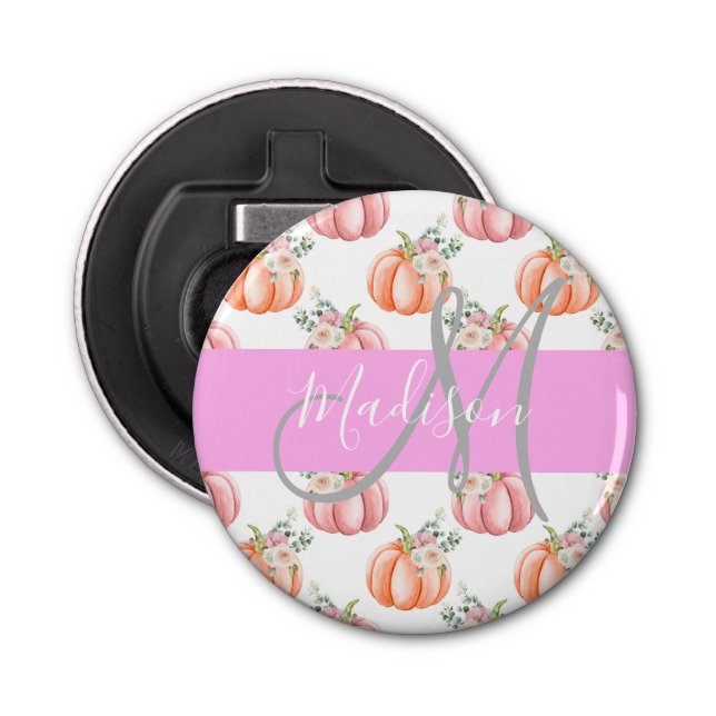 Chic Blommigt Vit Rosa Peach Pumpkin Monogram Namn Flasköppnare (Framsidan)