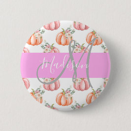 Chic Blommigt Vit Rosa Peach Pumpkin Monogram Namn Knapp