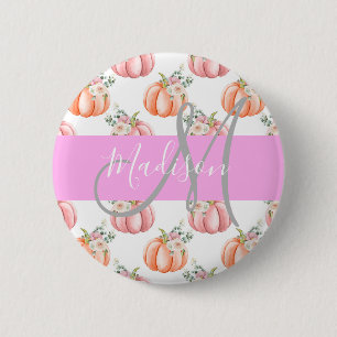 Chic Blommigt Vit Rosa Peach Pumpkin Monogram Namn Knapp