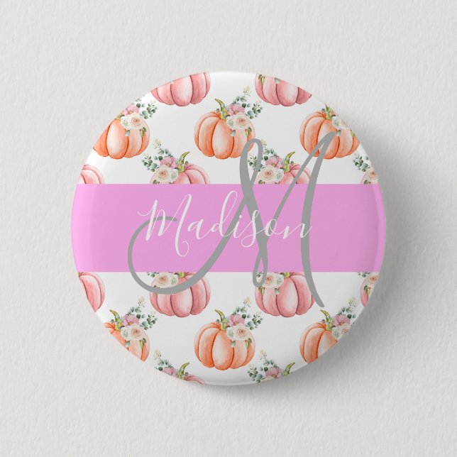 Chic Blommigt Vit Rosa Peach Pumpkin Monogram Namn Knapp (Framsida)