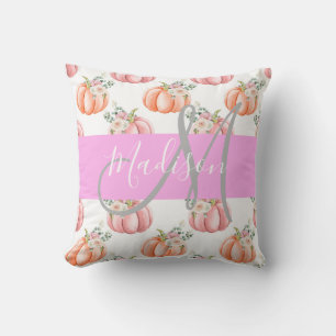 Chic Blommigt Vit Rosa Peach Pumpkin Monogram Namn Kudde