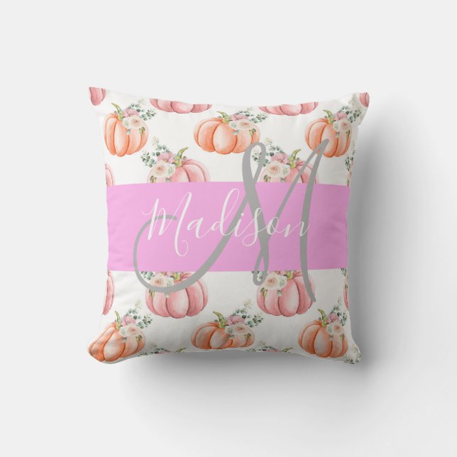Chic Blommigt Vit Rosa Peach Pumpkin Monogram Namn Kudde (Framsida)