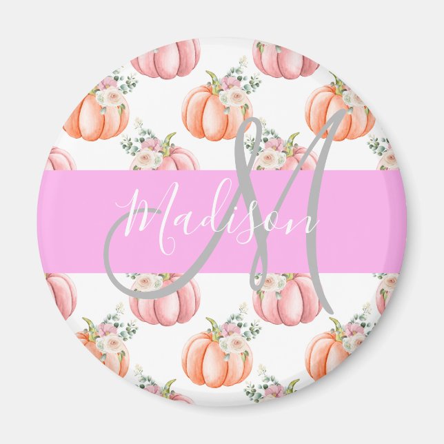 Chic Blommigt Vit Rosa Peach Pumpkin Monogram Namn Magnet (Framsidan)