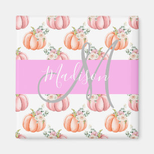 Chic Blommigt Vit Rosa Peach Pumpkin Monogram Namn Magnet