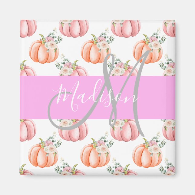 Chic Blommigt Vit Rosa Peach Pumpkin Monogram Namn Magnet (Framsidan)