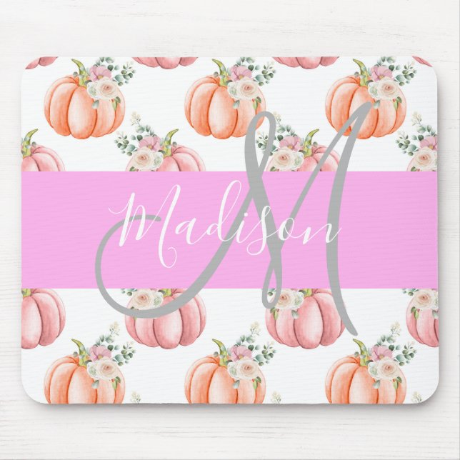 Chic Blommigt Vit Rosa Peach Pumpkin Monogram Namn Musmatta (Framsidan)