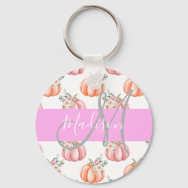 Chic Blommigt Vit Rosa Peach Pumpkin Monogram Namn Nyckelring (Framsida)