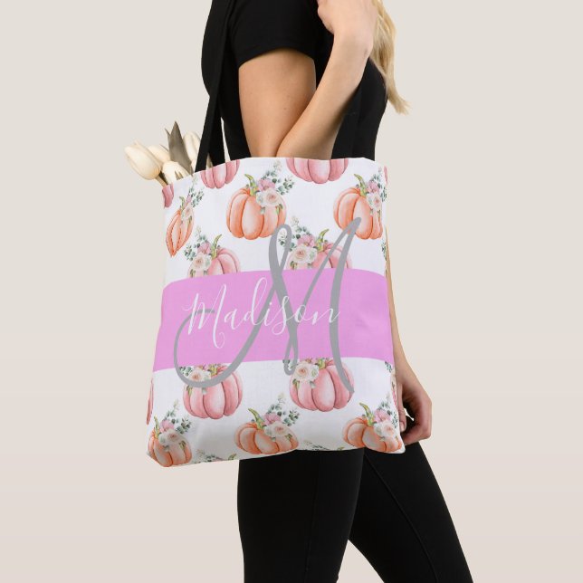 Chic Blommigt Vit Rosa Peach Pumpkin Monogram Namn Tygkasse (Närbild)