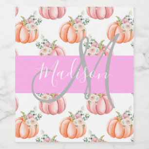 Chic Blommigt Vit Rosa Peach Pumpkin Monogram Namn Vinflaska Etikett