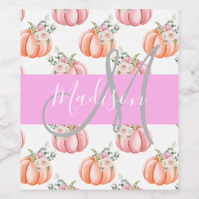Chic Blommigt Vit Rosa Peach Pumpkin Monogram Namn Vinflaska Etikett (Singel etikett)