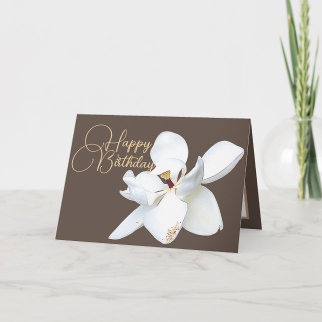 Chic Blommigt White Magnolia Flower Brown Birthday Kort (Framsida)