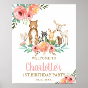 Chic Blommigt Woodland Animals 1:a födelsedag Välk Poster