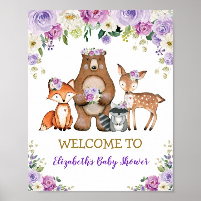 Chic Blommigt Woodland Baby Shower Birthday Välkom Poster (Framsidan)