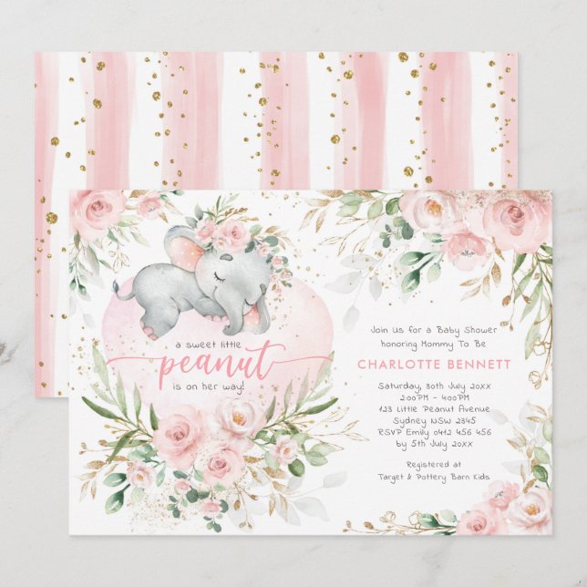 Chic  Blommigten Guld Elephant Girl Baby Shower Inbjudningar (Fram/baksida)