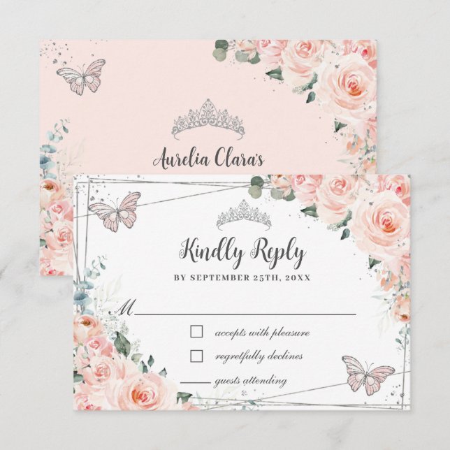 Chic  Blommigten Silver QUINCEAÑERA Butterflies OSA Kort (Fram/baksida)