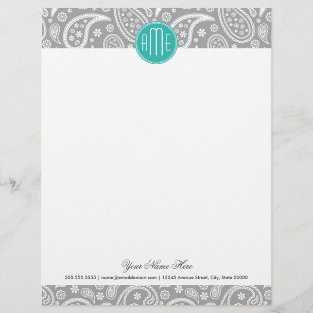 Chic blommigtgråttPaisley mönster & blåttMonogram Brevhuvud (Framsida)
