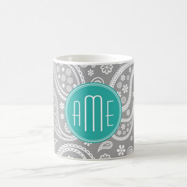 Chic blommigtgråttPaisley mönster & blåttMonogram Kaffemugg (Center)