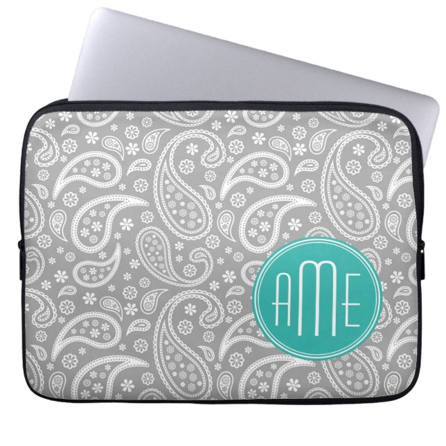 Chic blommigtgråttPaisley mönster & blåttMonogram Laptop Fodral (Framsidan)
