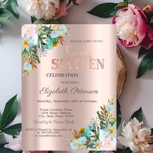 Chic Blommor Roséguld  Sweet 16 Inbjudningar (Skapare uppladdad)