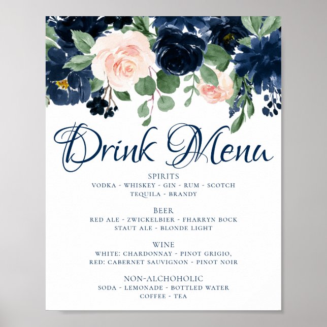 Chic Blooms | Marinblå och rosafärgade drinkmeny Poster (Framsidan)