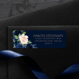 Chic Blooms Mörk marinblå och rosablommig adress Returadress Etikett