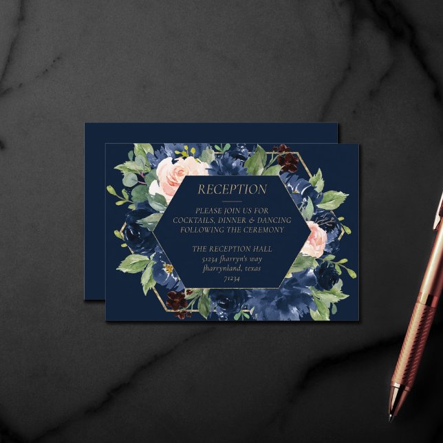 Chic Blooms | Mörk marinblå och rosaktig festlig r Tilläggskort (Skapare uppladdad)