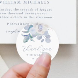 Chic Blue Airy Blommigt Bröllop Tack Runt Klistermärke