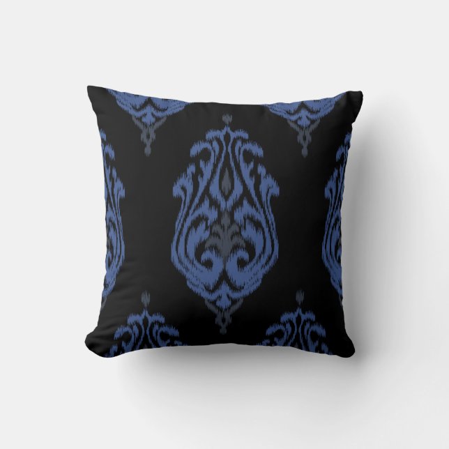 Chic blue and black damask tribal ikat print kudde (Framsida)