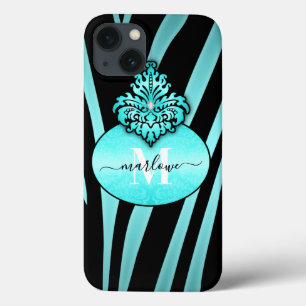 Chic Blue and Black Zebra ränder Namn Monogram
