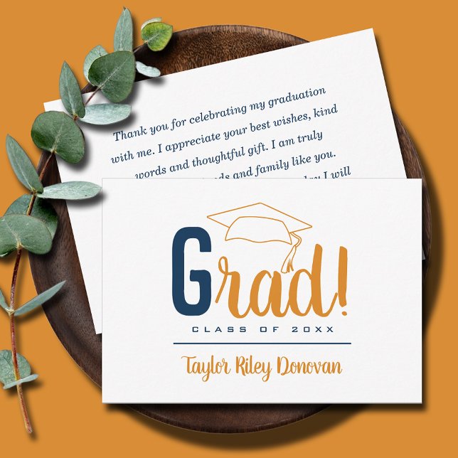 Chic Blue and Light Orange Grad Cap Studenten Anteckningskort (3.5" x 5" navy blue & light orange Grad and graduation cap flat note cards, your message on the back)