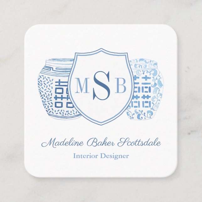 Chic Blue and White Ginger Burk Designer ringer Fyrkantigt Visitkort (Framsida)