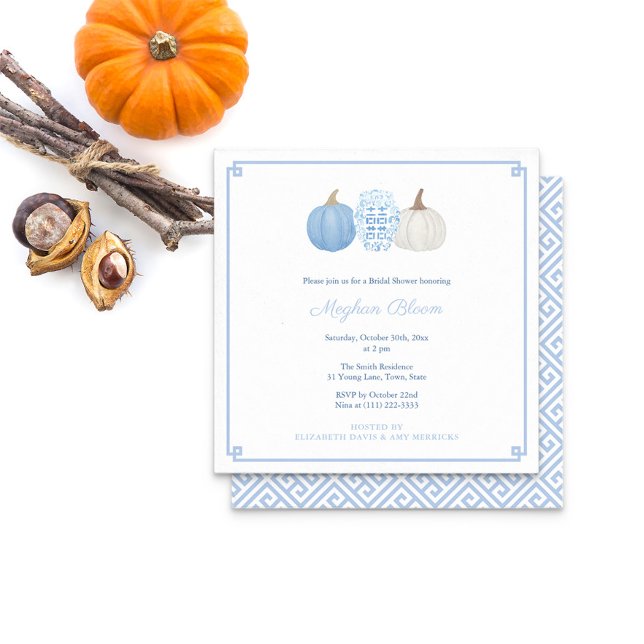Chic Blue and White Pumpkin Fall Möhippa Inbjudningar (Square light blue white pumpkins with ginger jar. Greek Key pattern on reverse and border on front)