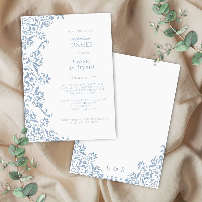Chic Blue and White Wediting Middag Inbjudningar (elegant blue and white formal reception dinner invitation with floral border for regency era theme)