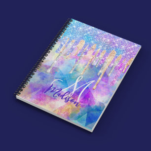 Chic blue aqua unicorn dropping glitter monogram anteckningsbok