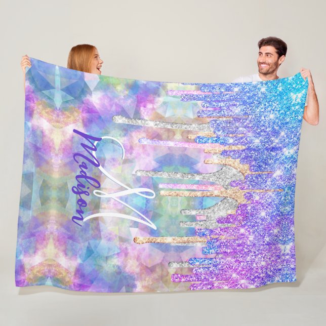 Chic blue aqua unicorn dropping glitter monogram fleecefilt (På plats)