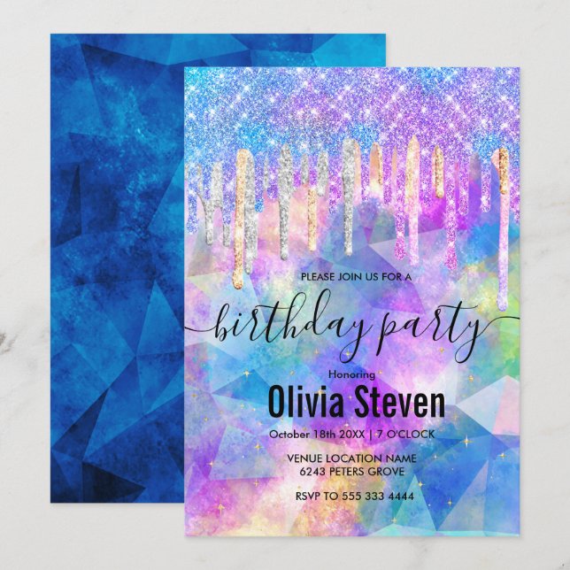 Chic blue aqua unicorn dropping glitter monogram inbjudningar (Fram/baksida)