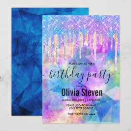 Chic blue aqua unicorn dropping glitter monogram inbjudningar