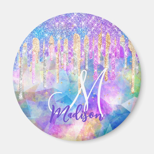 Chic blue aqua unicorn dropping glitter monogram m magnet (Framsidan)