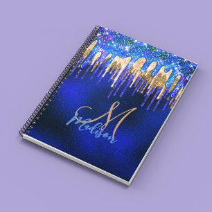 Chic blue aqua unicorn guld glitter droppar monogr anteckningsbok