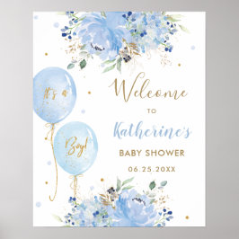 Chic Blue Balloons Blommigt Boy Baby Shower Välkom Poster