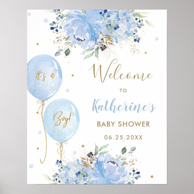 Chic Blue Balloons Blommigt Boy Baby Shower Välkom Poster (Framsidan)
