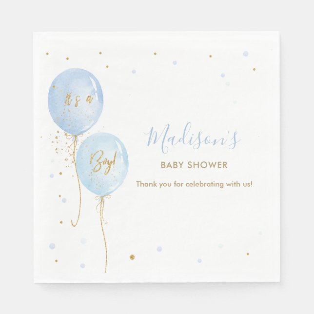 Chic Blue Balloons Boy Baby Shower Pappersservett (Framsidan)