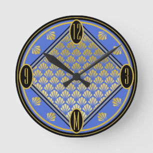 Chic Blue & Black Art Deco Fläkt Monogram Rund Klocka
