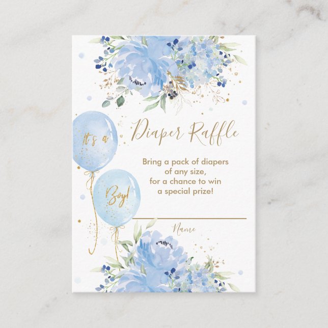 Chic Blue Blommigt Balloons Pojke Diaper Raffle Tilläggskort (Framsida)