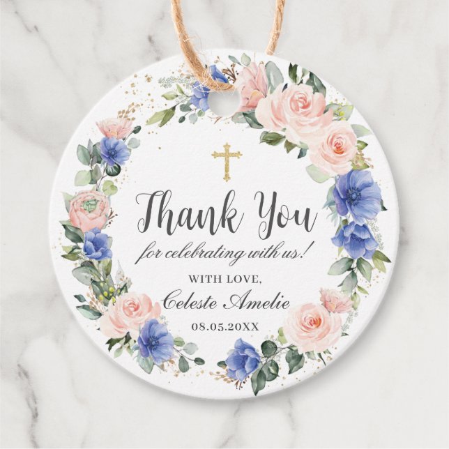Chic Blue  Blommigt Baptism Christening Favor Gåvor Etiketter (Framsida)